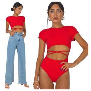 Princess Polly Nicola Cutout Ribbed Bodysuit Red XS